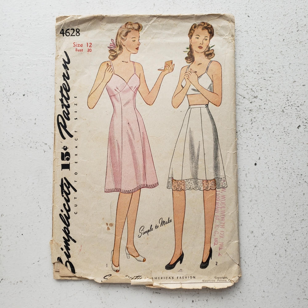 1940s Vintage 30" Bust Simplicity 4628 Half Full Slip Dress Sewing Pattern